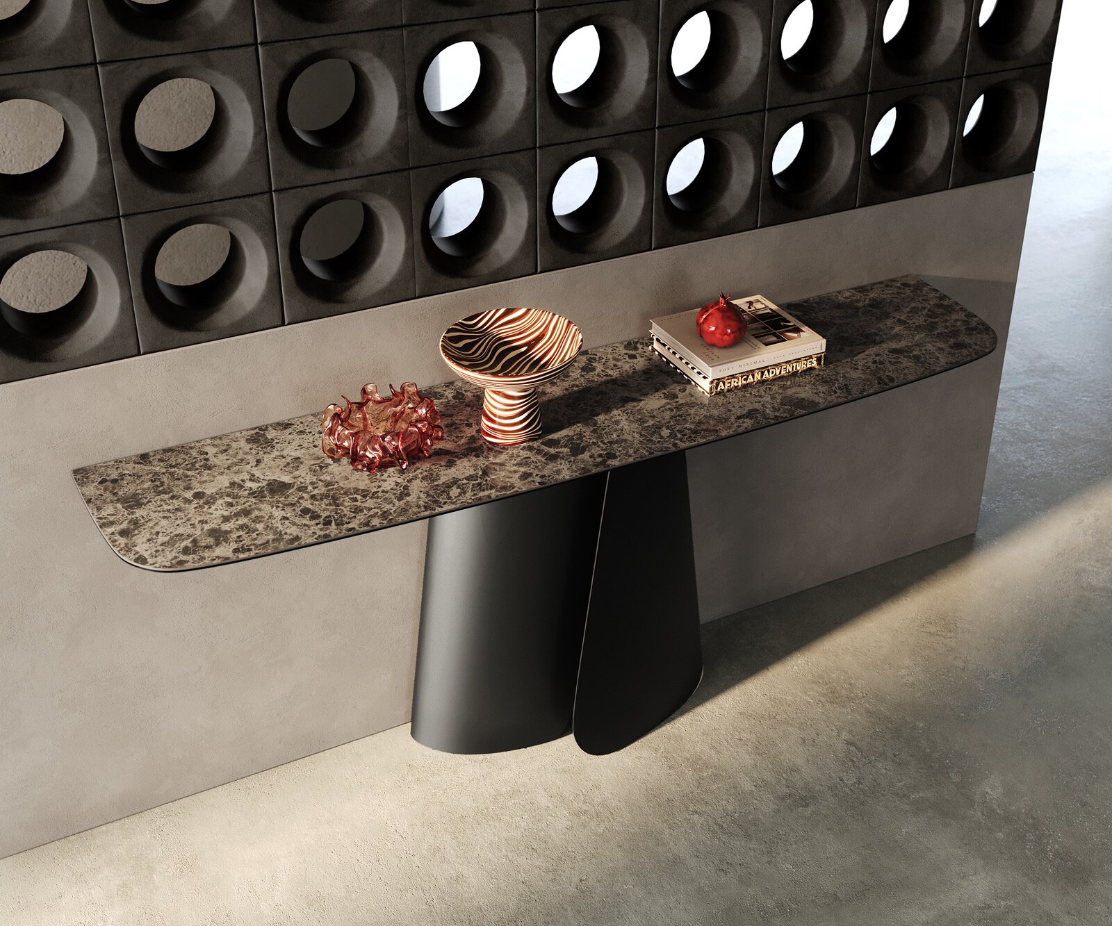 Konsolentisch Edge Boot 180x40 cm Keramik Emperador Extra Lucidato Dunkelbraun Livos Metall Schwarz 1