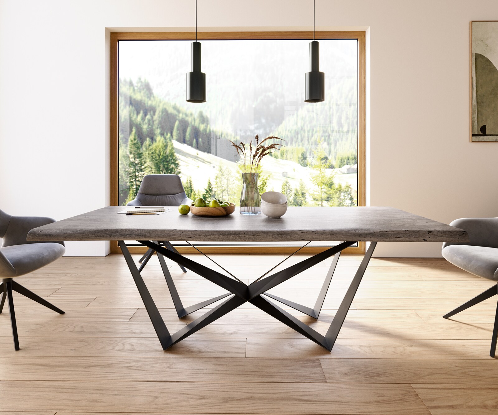 Esstisch Edge 220x100 XL Akazie Platin Spider Flachstahl Schwarz Live-Edge 1