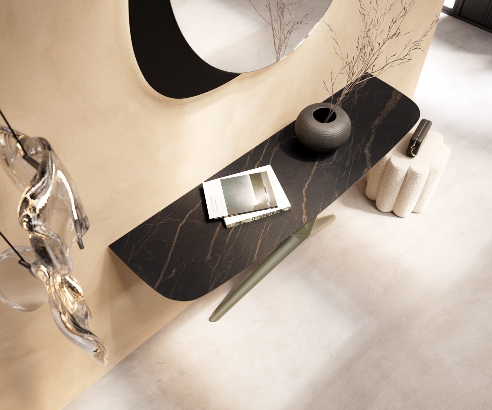 Konsolentisch Edge Boot 140x40 cm Keramik Laminam® Noir Desir Braun Estelo Metall Effektfinish Titan 2