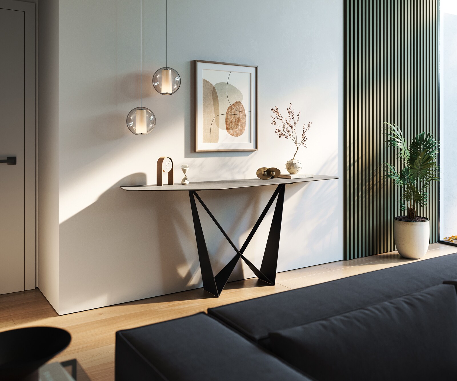 Konsolentisch Edge Polygonal 180x50 cm Keramik Beton Grau Spios Metall Schwarz 6