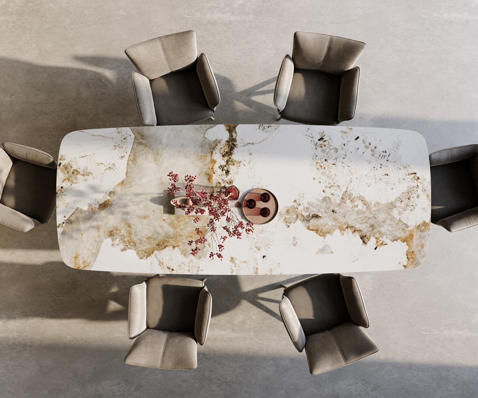 Esstisch Edge Boot 300x120 cm Keramik Minas Melange Weiß-Beige Kreuzgestell Rechteck Effektfinish Titan 4