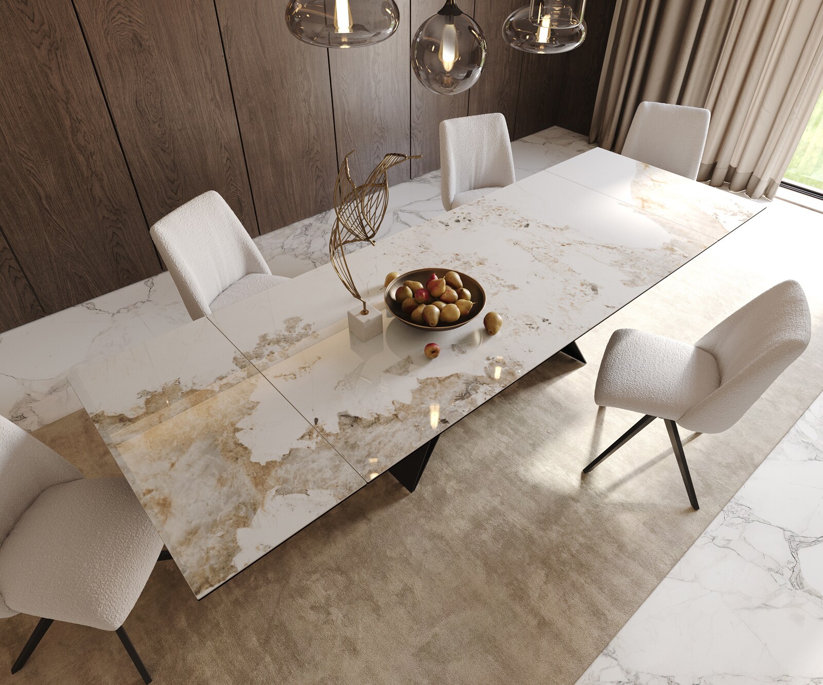 Esstisch Edge 200-300x100 Keramik Minas Melange Weiß-Beige V-Gestell Flachstahl Schwarz ausziehbar 5