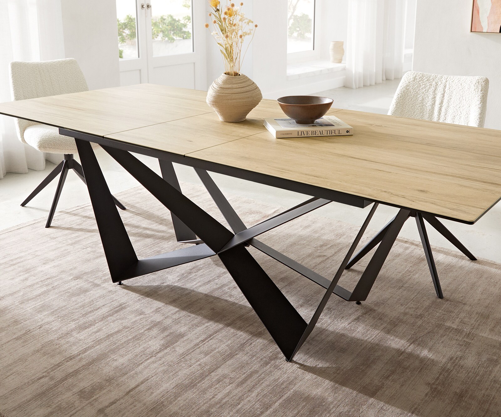 Esstisch Edge 180-220x100 Keramik Laminam® Sabbia Eichefarbig Spider Flachstahl Schwarz ausziehbar 7