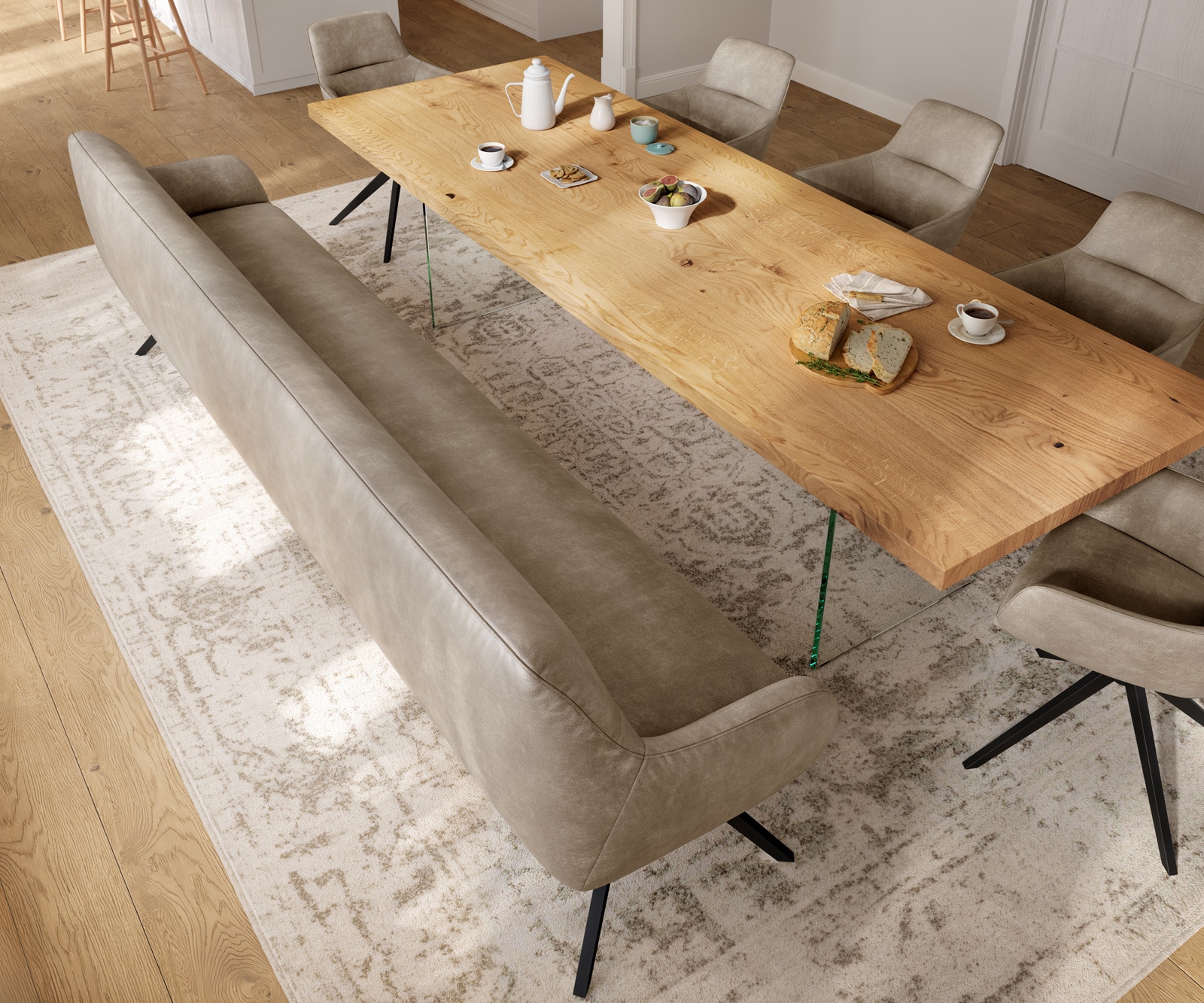 Esszimmerbank Taya-Flex 300 cm Mikrofaser Beige Vintage Kreuzgestell kantig Schwarz Taschenfederkern 3