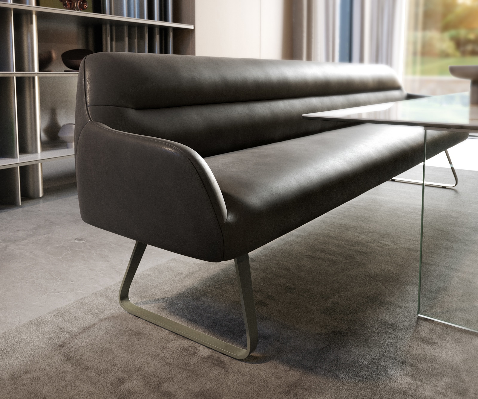 Esszimmerbank Taya-Flex 300 cm Mikrofaser Anthrazit Vintage Kufengestell flach Effektfinish Titan Taschenfederkern 5