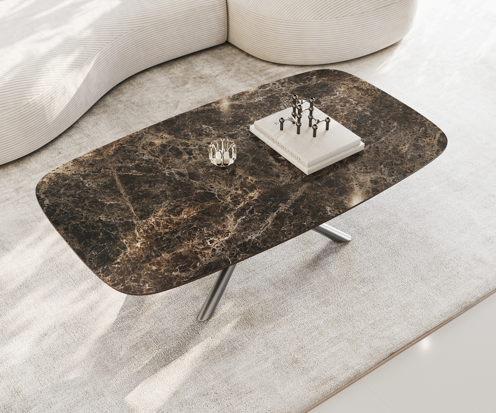 Couchtisch Edge Boot 140x80 cm Keramik Emperador Extra Lucidato Dunkelbraun Sarity Edelstahl gebürstet 4
