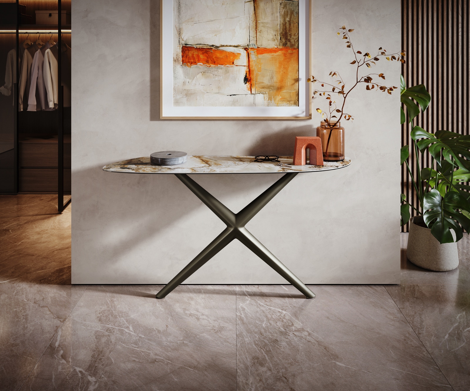 Konsolentisch Edge Organisch 140x40 cm Keramik Patagonia Poliert Estelo Metall Effektfinish Titan 3