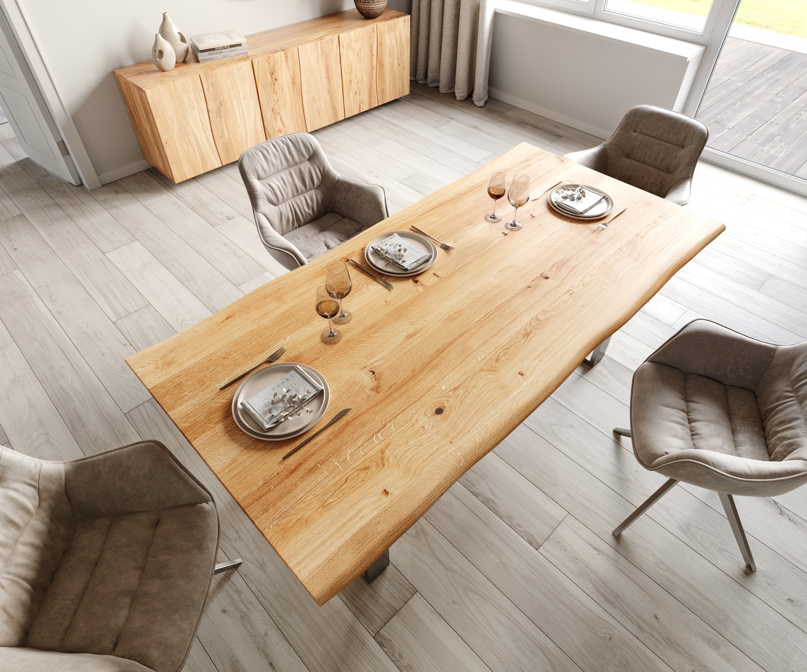 Esstisch Edge 200x100x2,5-3 Eiche Natur Edelstahl schmal Live-Edge 4 Esstisch Edge 200x100x2,5-3 Eiche Natur Edelstahl schmal Live-Edge 4