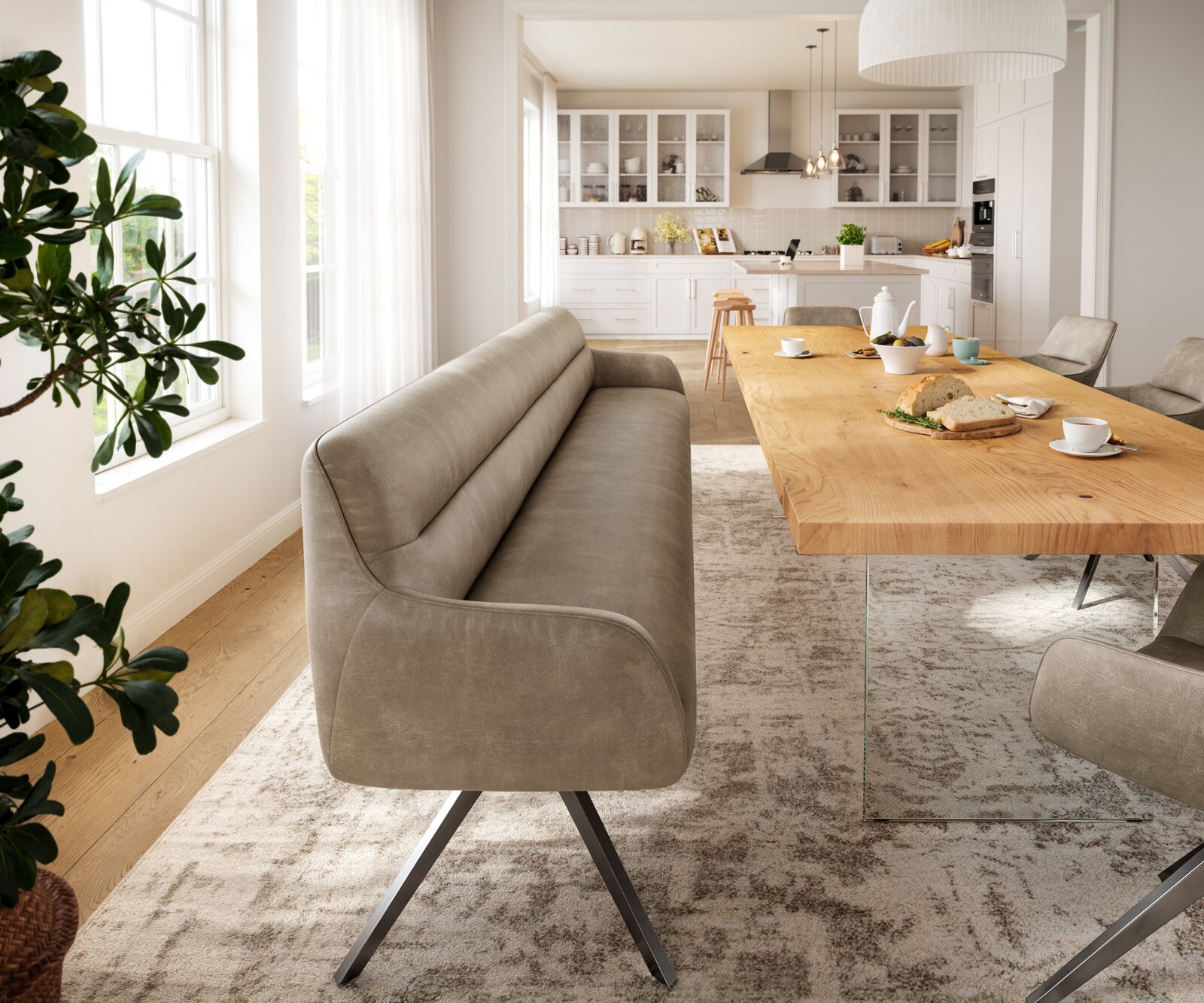 Esszimmerbank Taya-Flex 300 cm Mikrofaser Beige Vintage Kreuzgestell kantig Graphit Taschenfederkern 2
