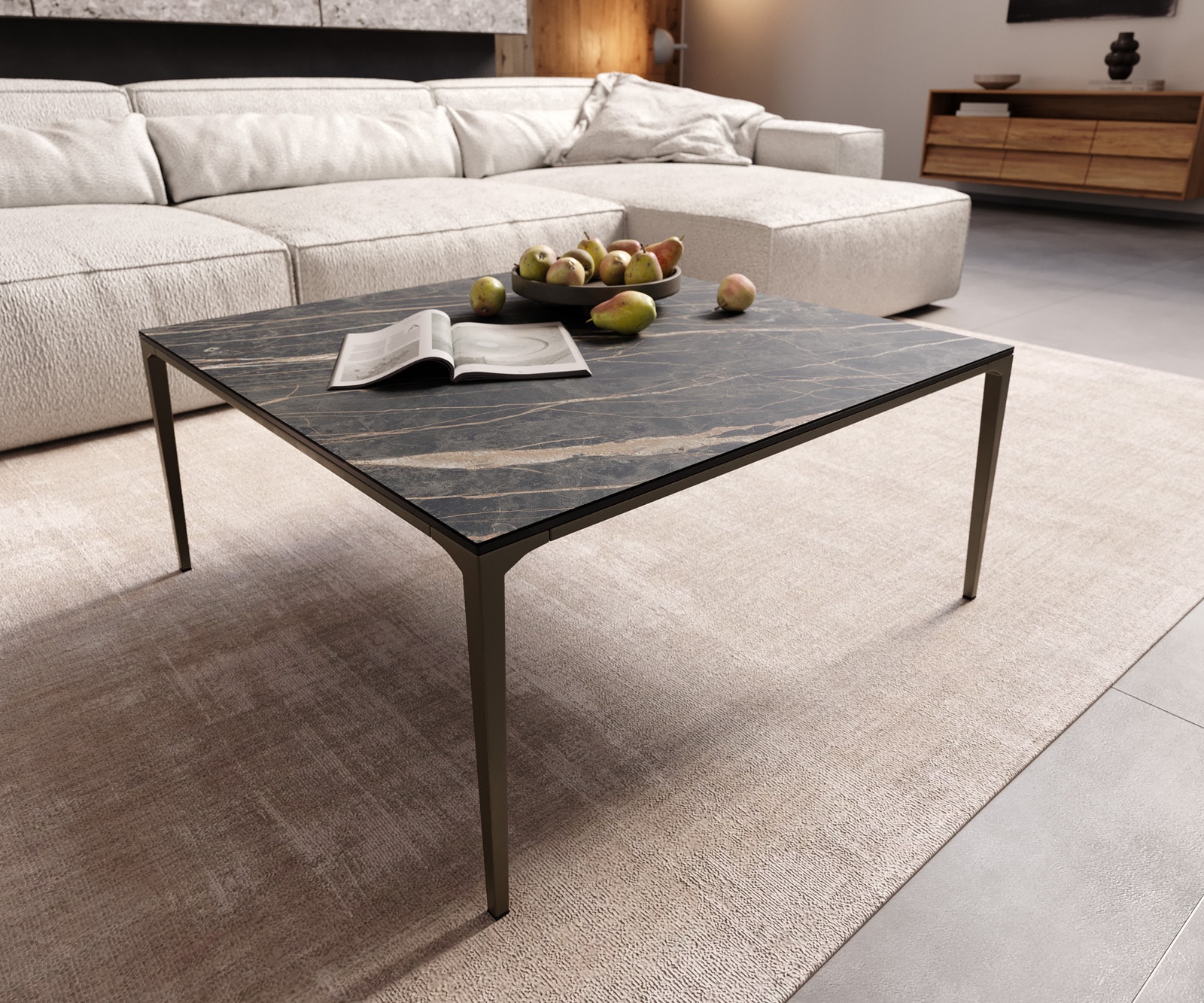 Couchtisch Levente 85x85 cm Keramik Laminam®Noir Desir Braun Gestell Metall Effektfinish Titan