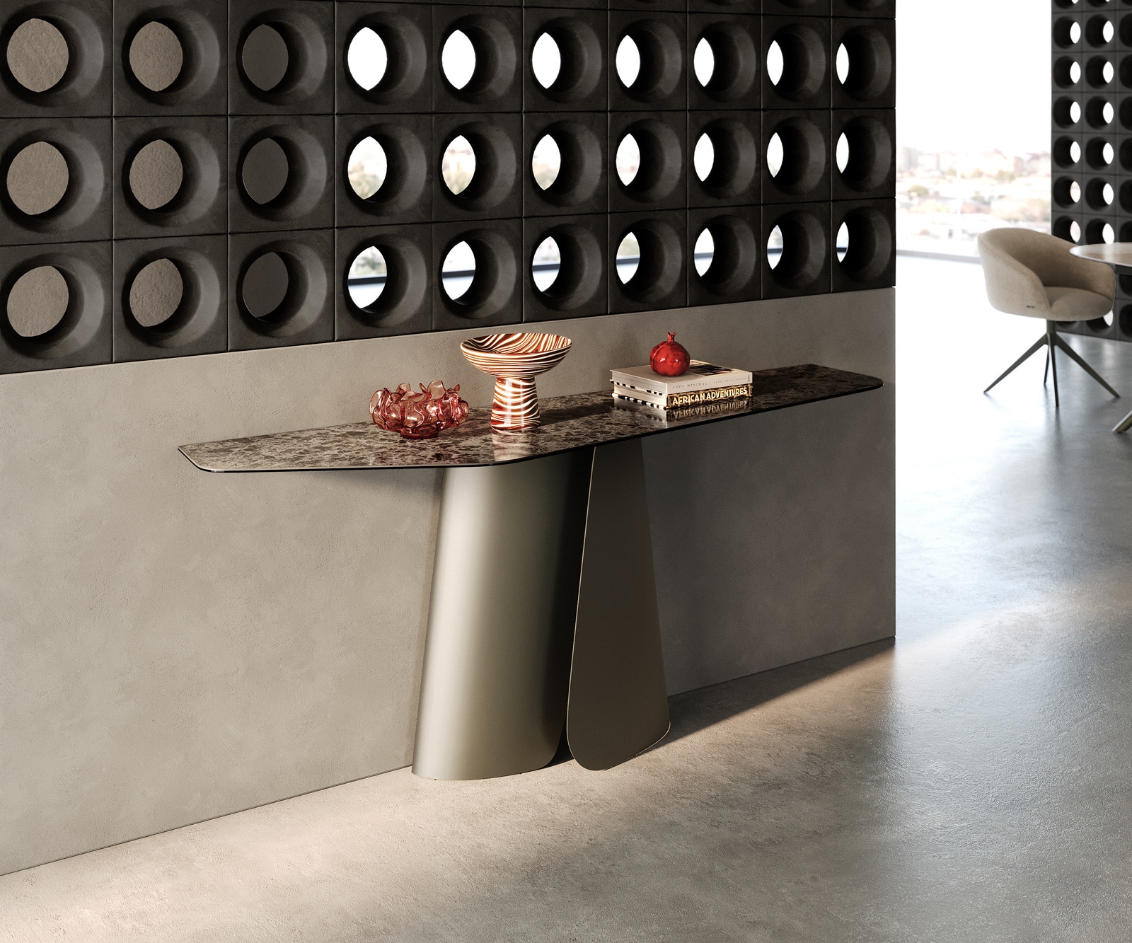 Konsolentisch Edge Polygonal 180x50 cm Keramik Emperador Extra Lucidato Dunkelbraun Livos Metall Effektfinish Titan