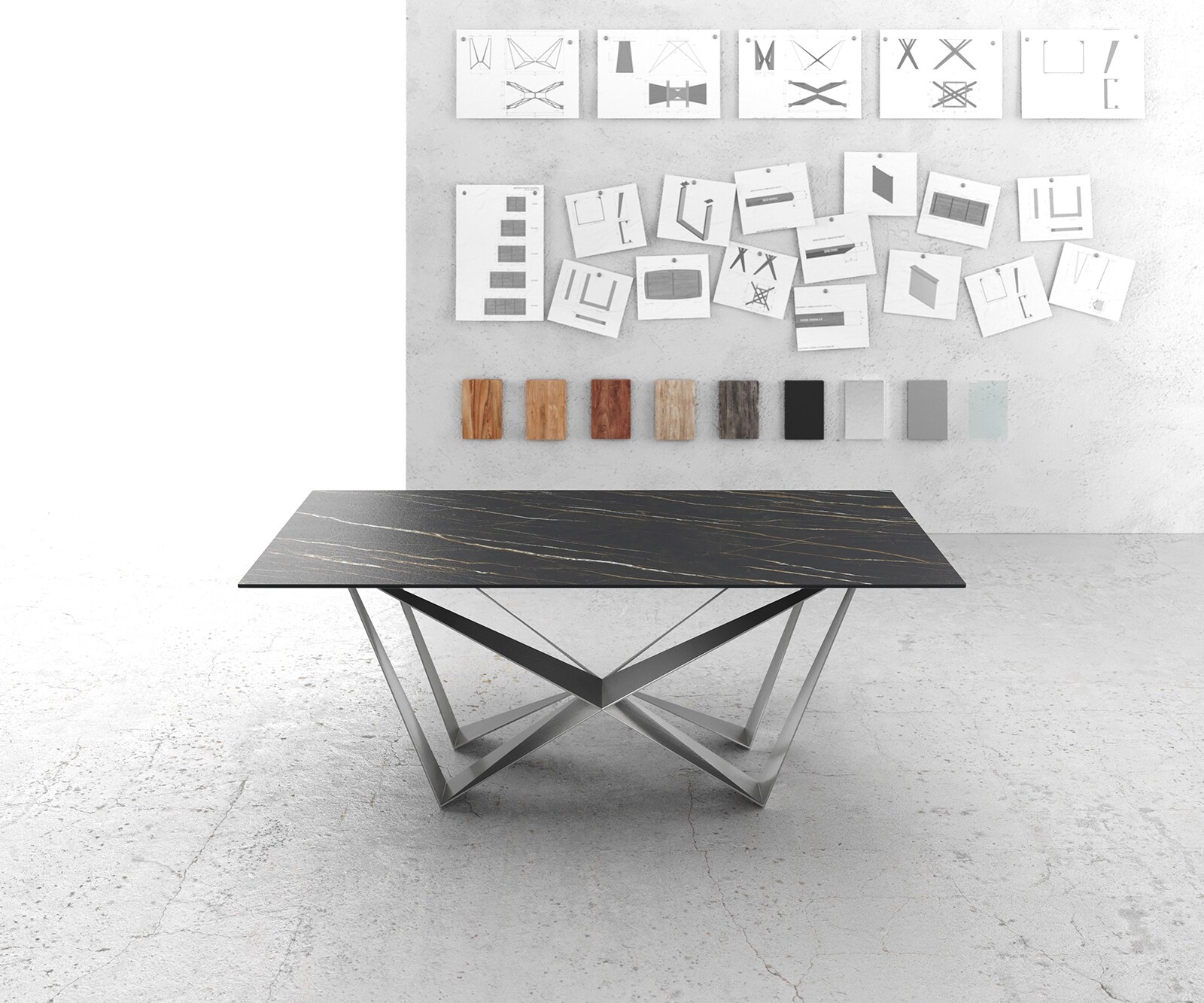 Esstisch Edge 200x100cm Keramik Laminam®Noir Desir Braun Spider Flachstahl Edelstahl 1