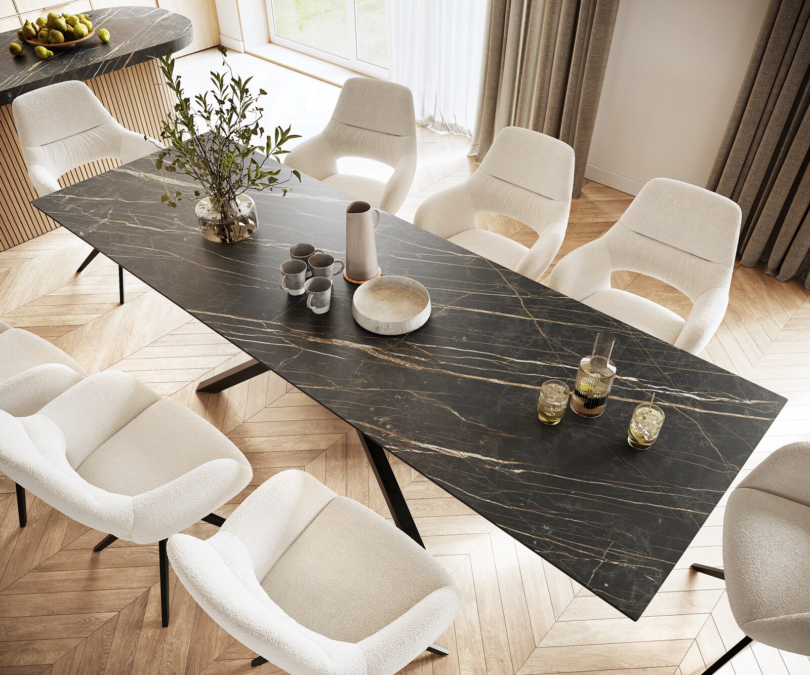 Esstisch Edge 300x100cm Keramik Laminam®Noir Desir Braun Mittelfuß Kreuz Schwarz 3