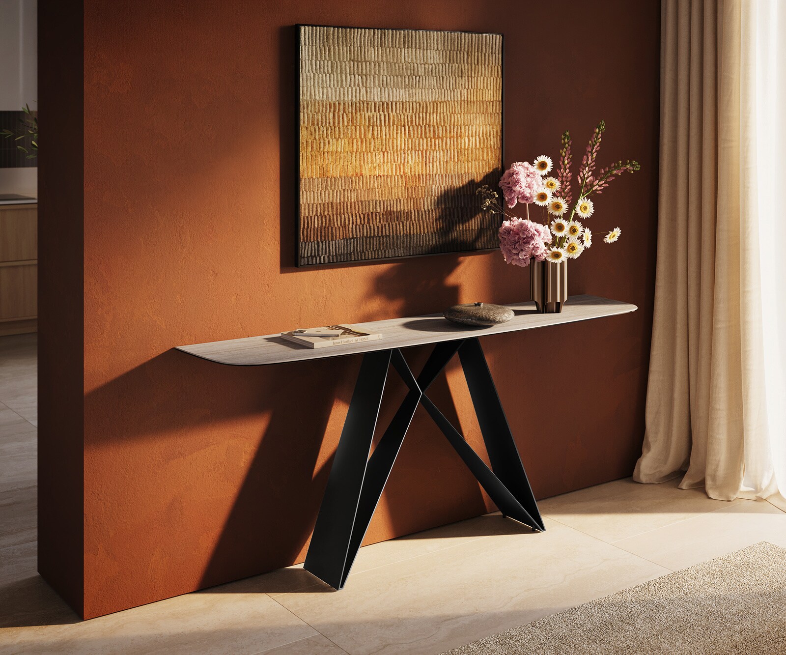Konsolentisch Edge Boot 180x40 cm Keramik Laminam® Travertino Bianco Creme-Weiß Velio Metall Schwarz 1