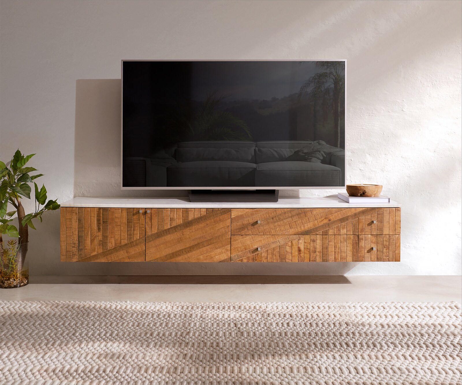 Lowboard Bahan 175 cm Mango Teak 2 Türen 2 Schubladen Marmorplatte weiss schwebend 1
