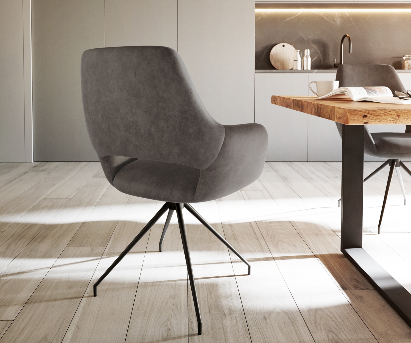 Esszimmerstuhl Yago-Flex mit Armlehnen Mikrofaser Anthrazit Vintage Kreuzgestell konisch Schwarz Taschenfederkern 4 Esszimmerstuhl Yago-Flex mit Armlehnen Mikrofaser Anthrazit Vintage Kreuzgestell konisch Schwarz Taschenfederkern 4