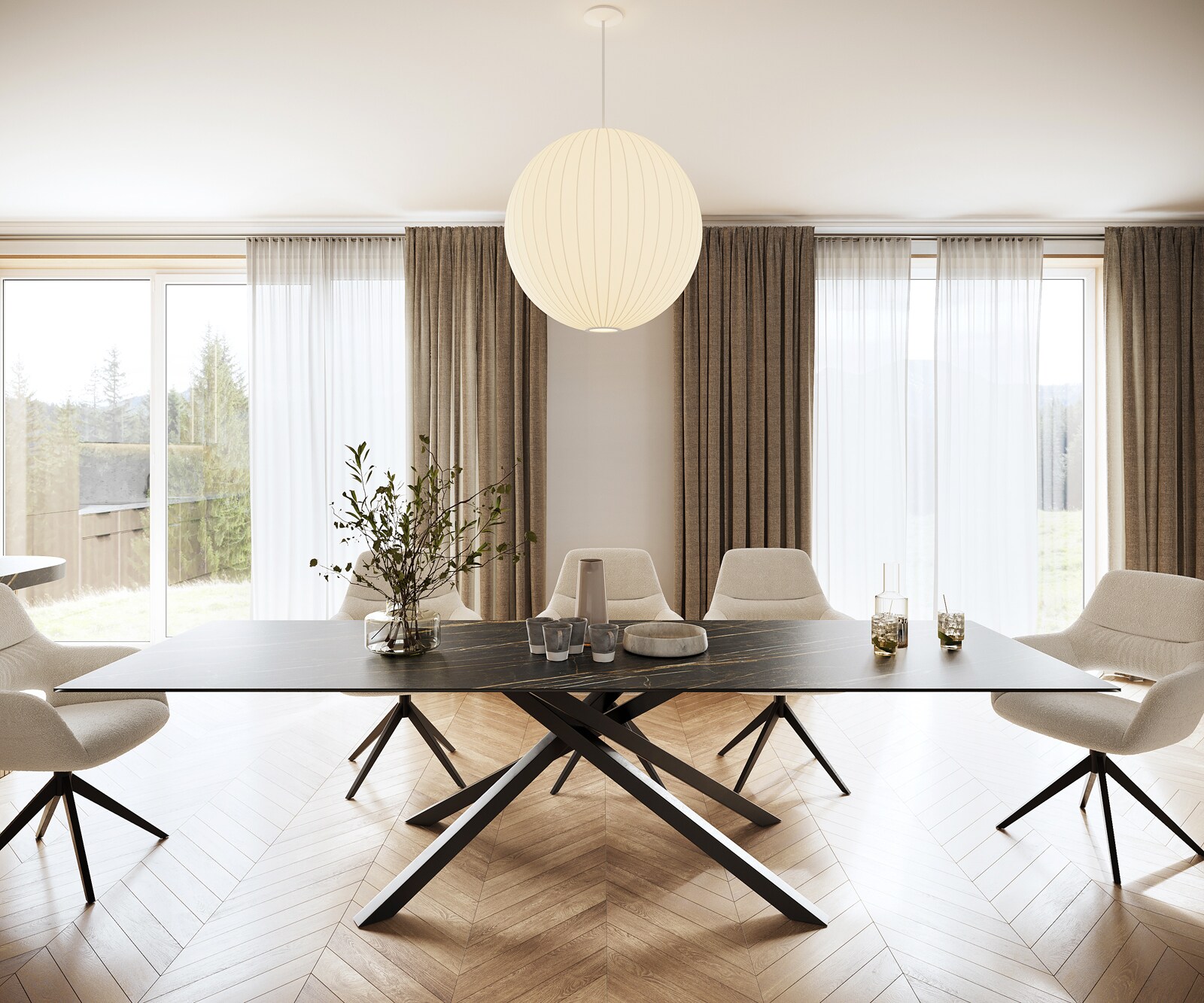 Esstisch Edge 300x100cm Keramik Laminam®Noir Desir Braun Mittelfuß Kreuz Schwarz 1