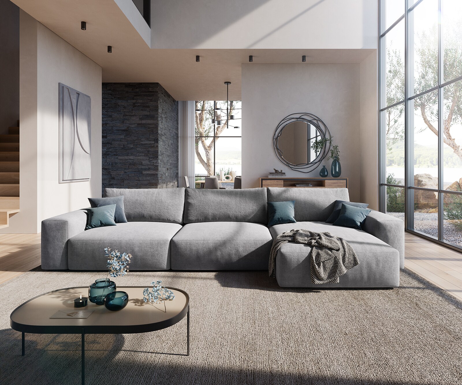 Ecksofa Lanzo XL 380x180 cm Mikrofaser Grau Recamiere variabel 1