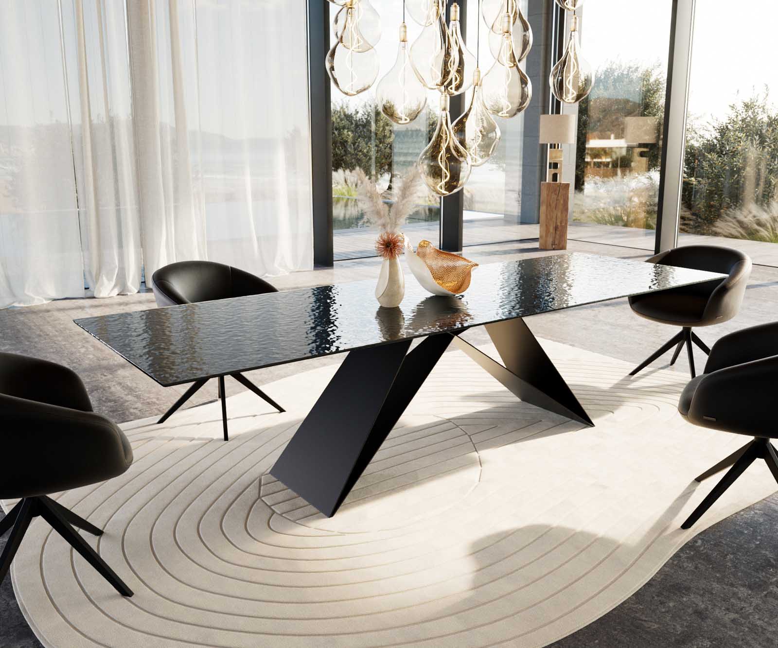 Esstisch Edge 300x100 Reliefglas Rauchschwarz 3D-Design V-Gestell Flachstahl Schwarz 3 Esstisch Edge 300x100 Reliefglas Rauchschwarz 3D-Design V-Gestell Flachstahl Schwarz 3