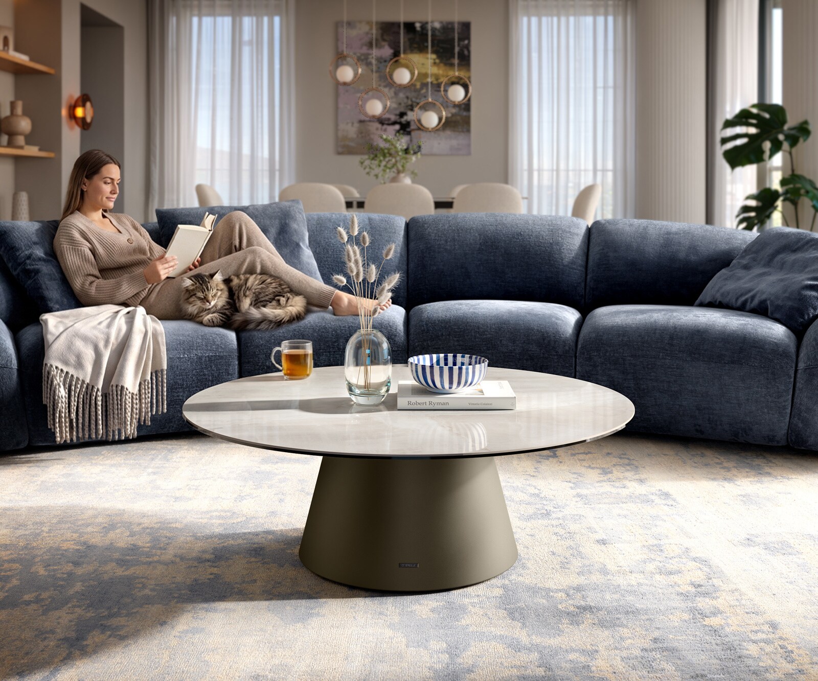 Couchtisch Edge Rund 100x100 cm Keramik Onyx Champagne Borna Effektfinish Titan 2