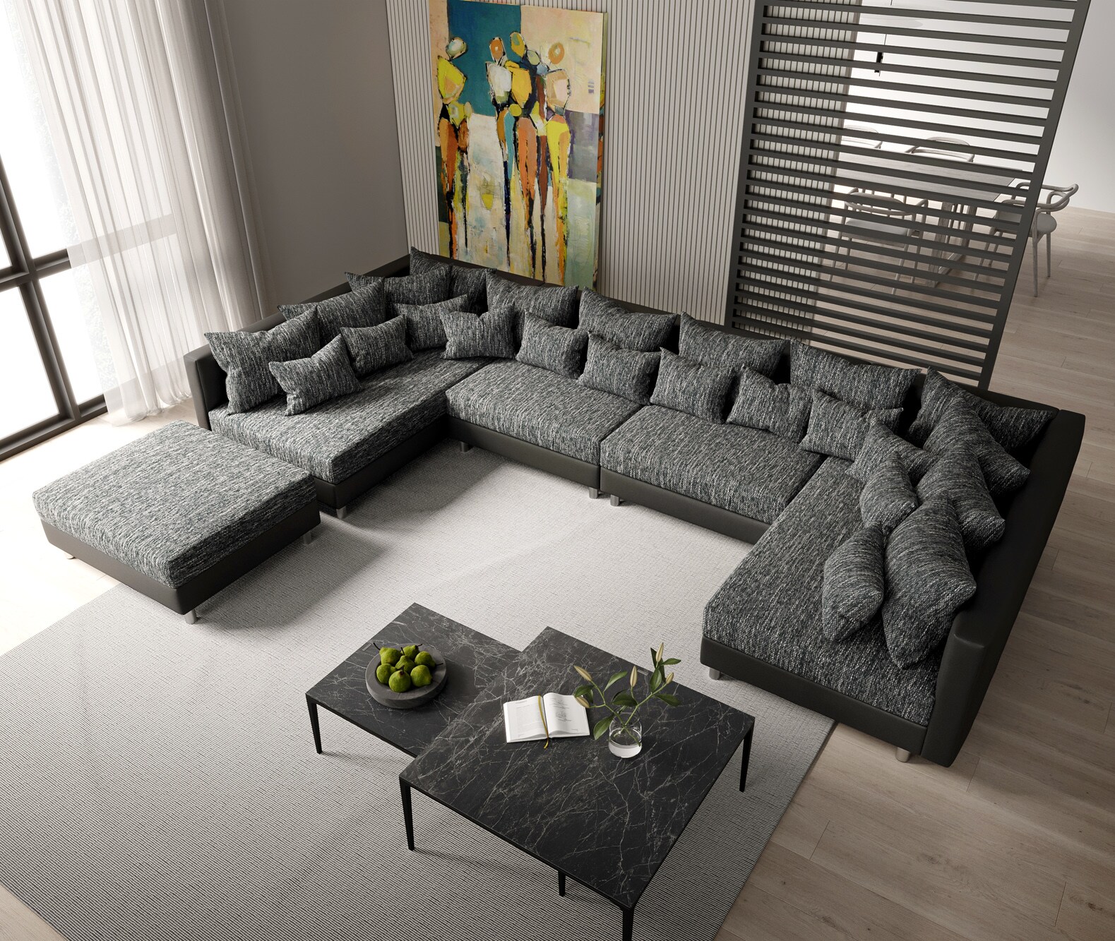 Wohnlandschaft Clovis XL Schwarz Modulsofa mit Hocker  3