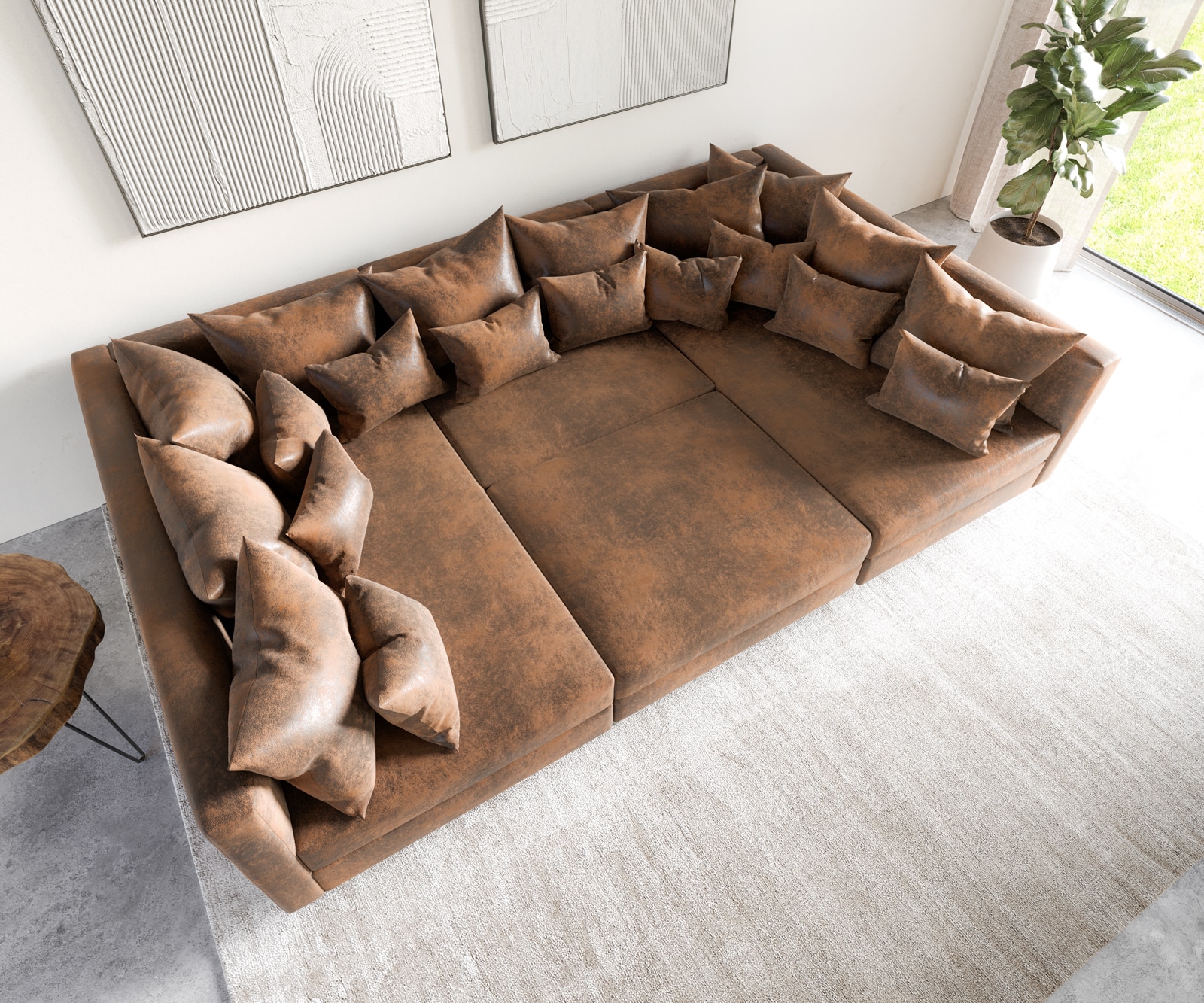Wohnlandschaft Clovis Braun Vintage Optik modular Hocker