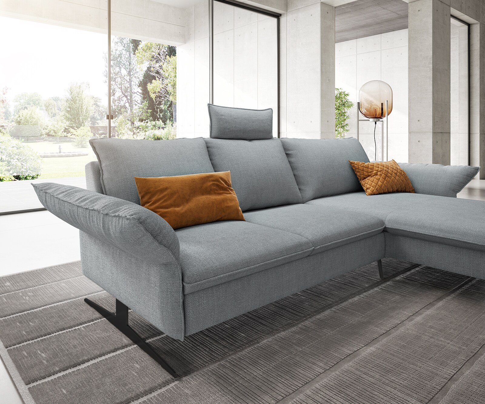 Ecksofa Nerio 300 x 190 cm Flachgewebe Pastellblau Recamiere rechts 3