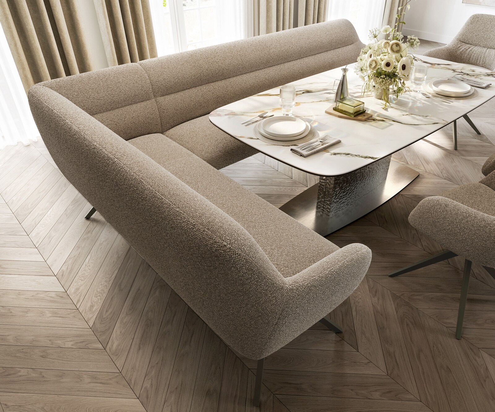 Esszimmerbank Taya-Flex 285x190 cm Bouclé Schlamm Kreuzgestell kantig Effektfinish Titan Taschenfederkern Rechts 4