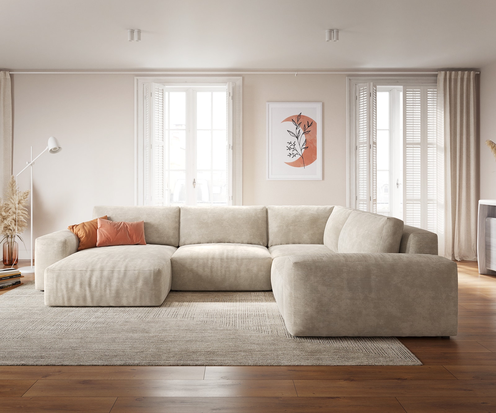 Wohnlandschaft Lanzo XL 360x260 cm Cord Beige Recamiere variabel