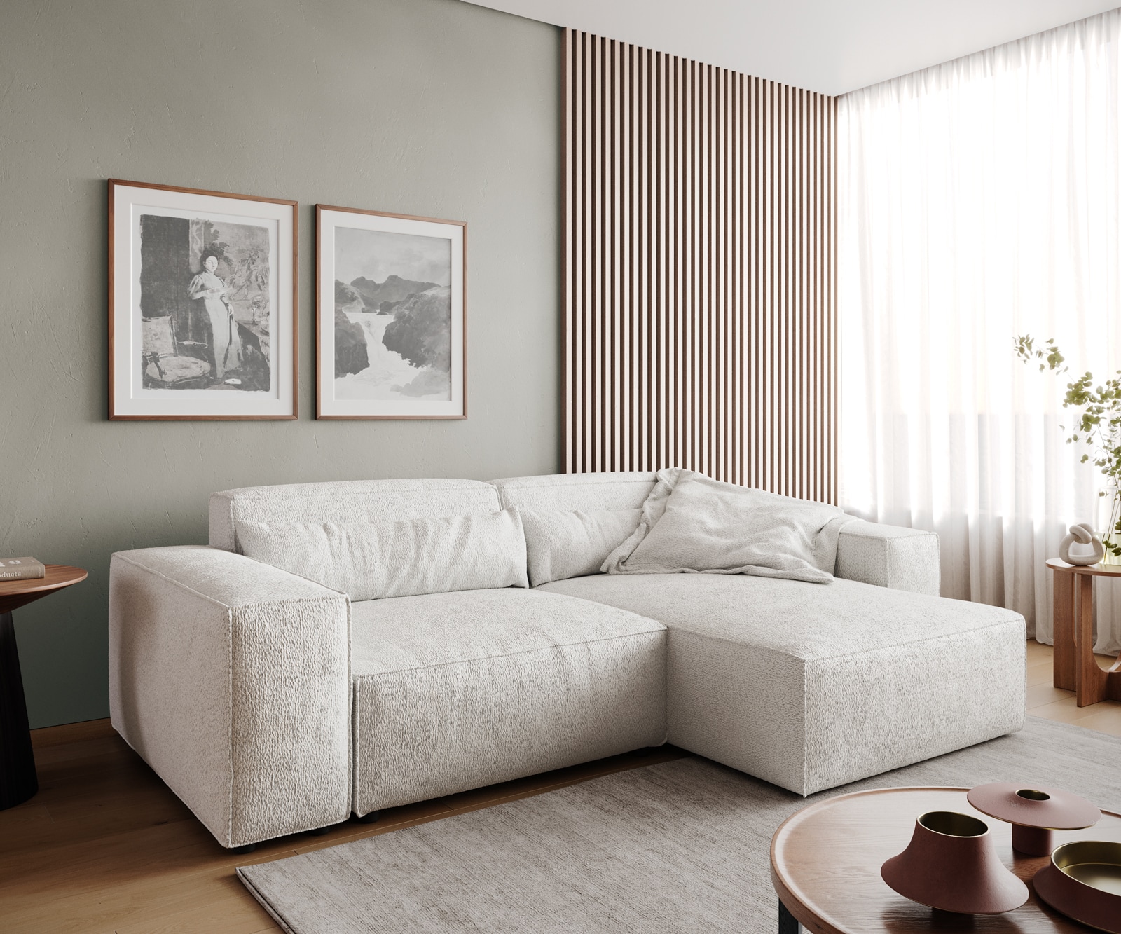 Ecksofa Sirpio 230x155 cm Bouclé Creme-Weiß Recamiere variabel