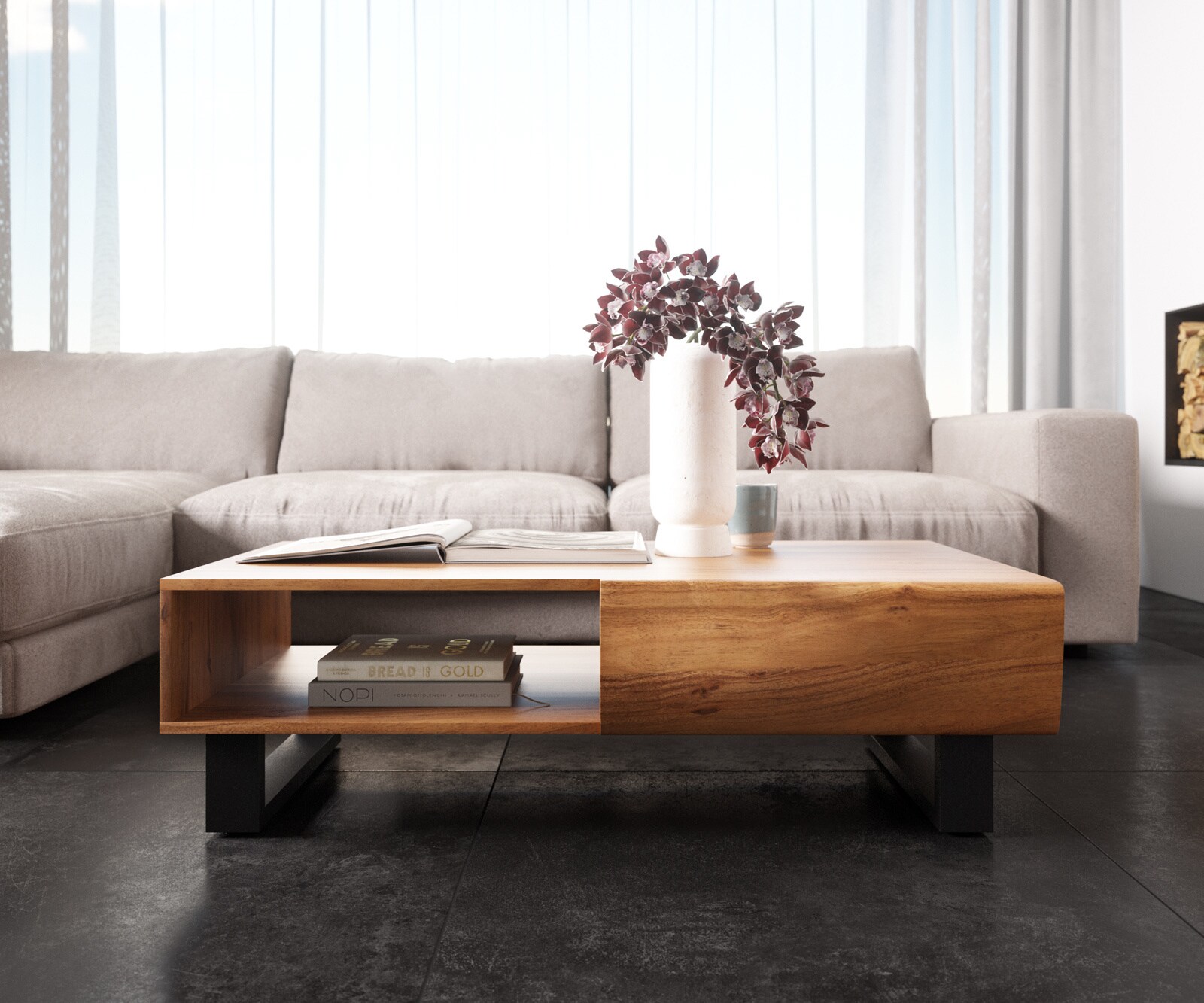 Couchtisch New Live-Edge 115x60 cm Akazie Natur 2 Schubladen 1 Fach Kufe Metall Schwarz 1