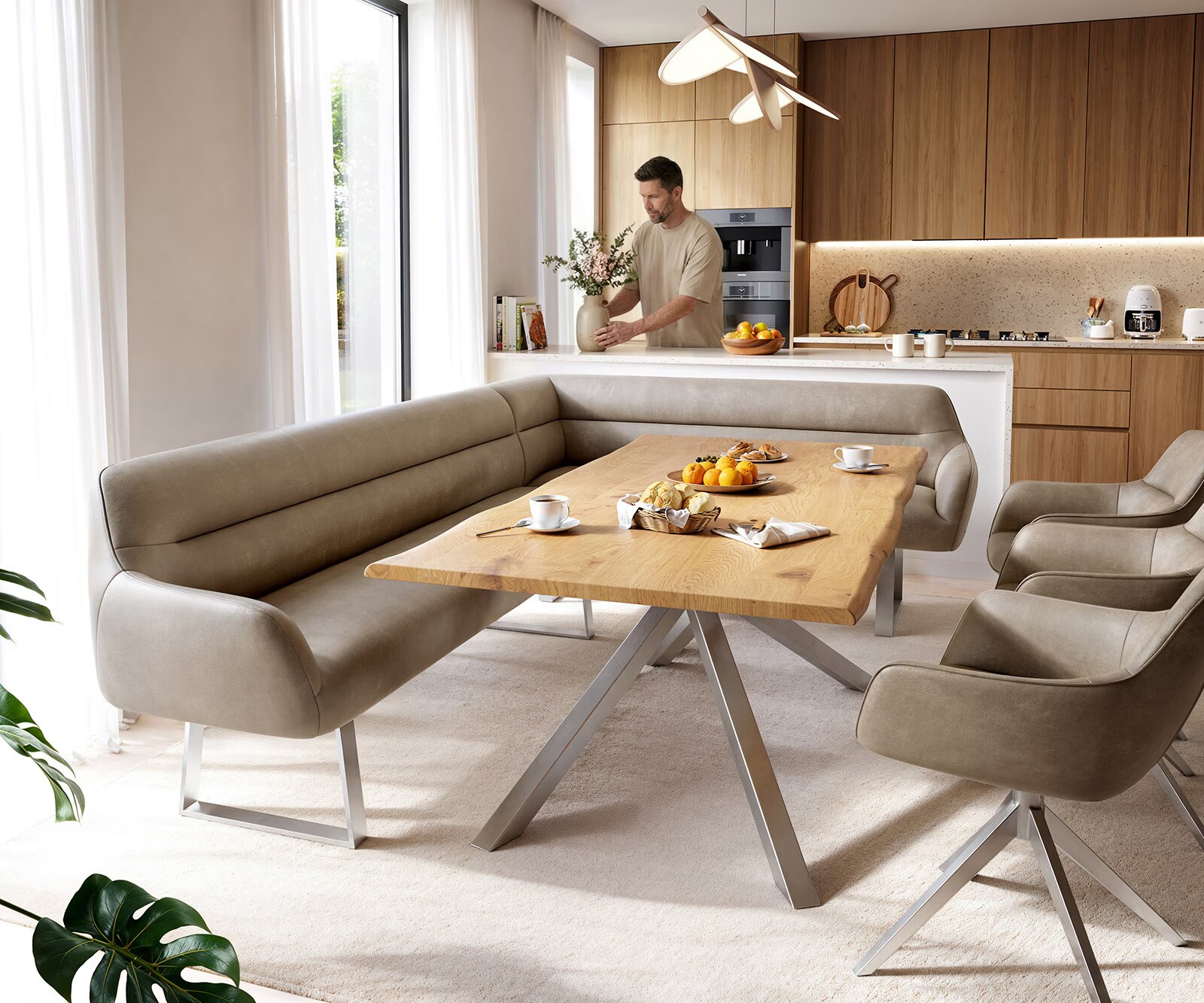 Esszimmerbank Taya-Flex 285x190 cm Mikrofaser Beige Vintage Kufengestell kantig Edelstahl Taschenfederkern Links