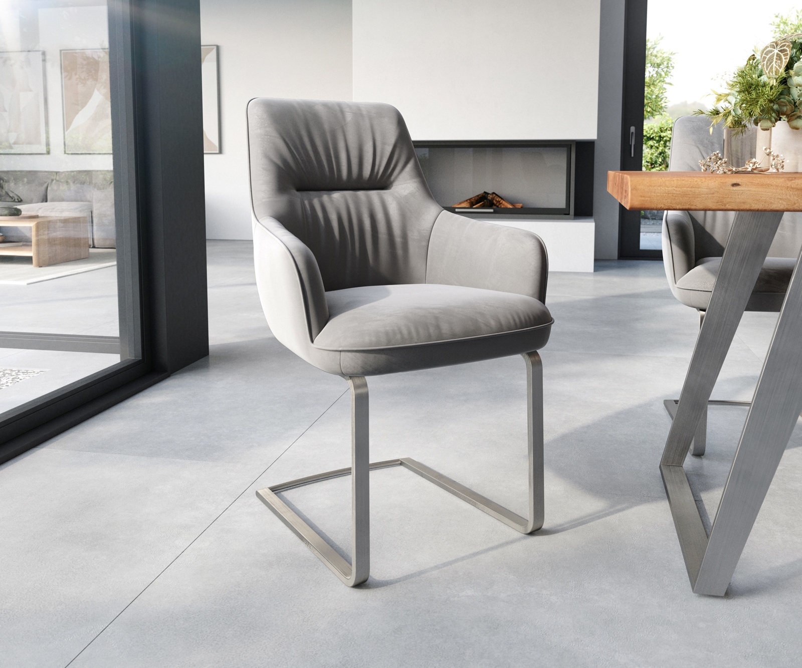 Freischwinger Zelia-Flex mit Armlehnen Samt Grau Freischwinger flach Edelstahl Taschenfederkern Freischwinger Zelia-Flex mit Armlehnen Samt Grau Freischwinger flach Edelstahl Taschenfederkern