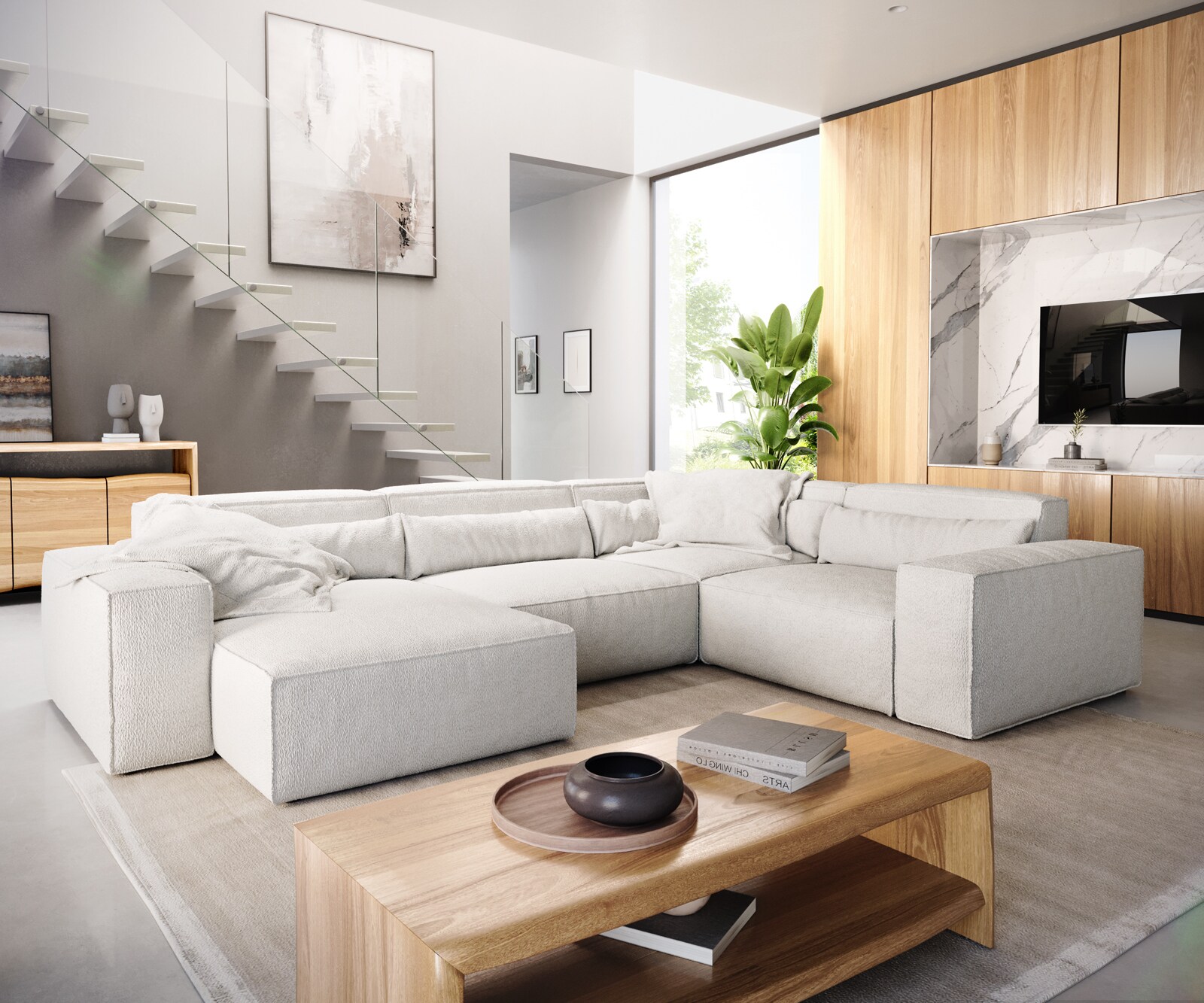 Wohnlandschaft Sirpio 300x200 cm Bouclé Creme-Weiß Recamiere variabel günstig online kaufen