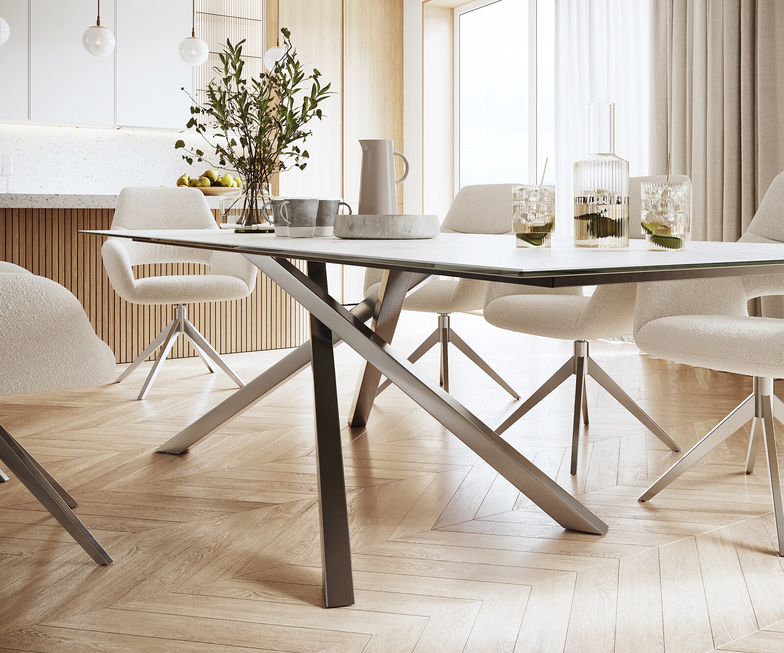 Esstisch Edge 300x100cm Keramik Laminam®Statuarietto Weiß Kreuzgestell Rechteck Edelstahl 5