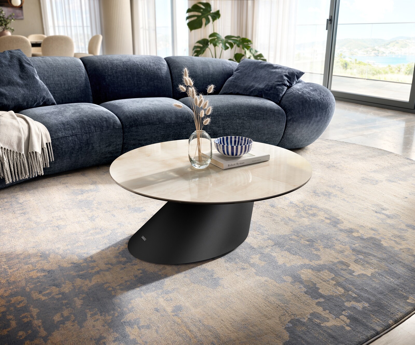 Couchtisch Edge Rund 90x90 cm Keramik Onyx Champagne Conis Metall Schwarz