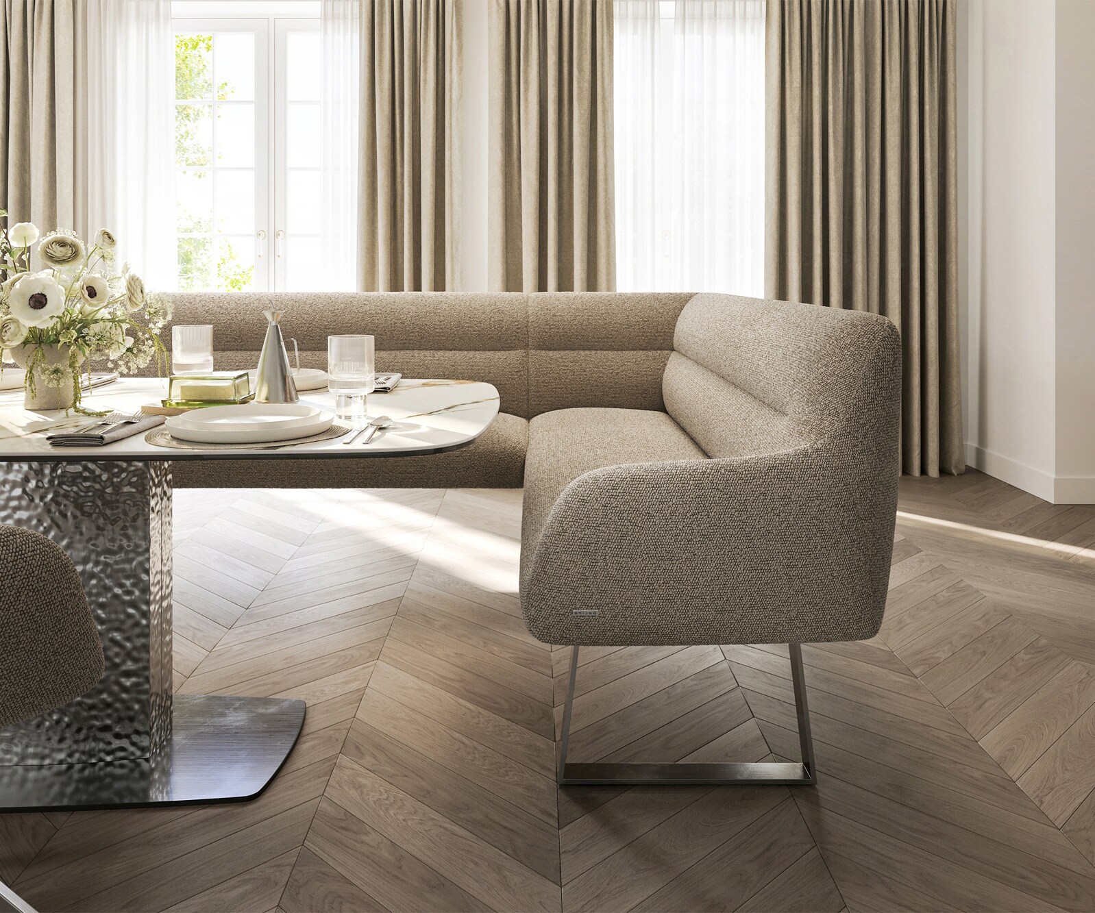 Esszimmerbank Taya-Flex 285x190 cm Bouclé Schlamm Kufengestell kantig Edelstahl Taschenfederkern Links 5