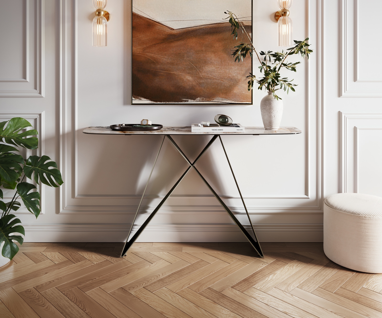 Konsolentisch Edge Boot 140x40 cm Keramik Patagonia Poliert Velio Metall Effektfinish Titan