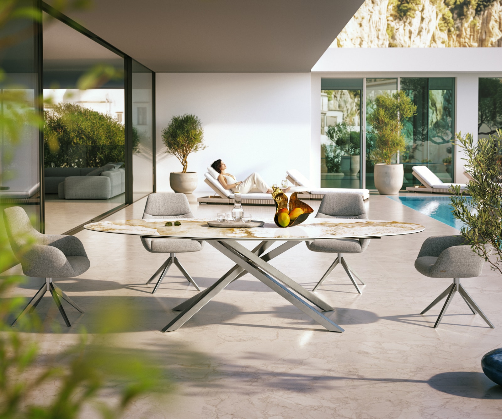Outdoortisch Edge Oval 280x130 cm Keramik Minas Melange Weiß-Beige Kreuzgestell Rechteck Edelstahl