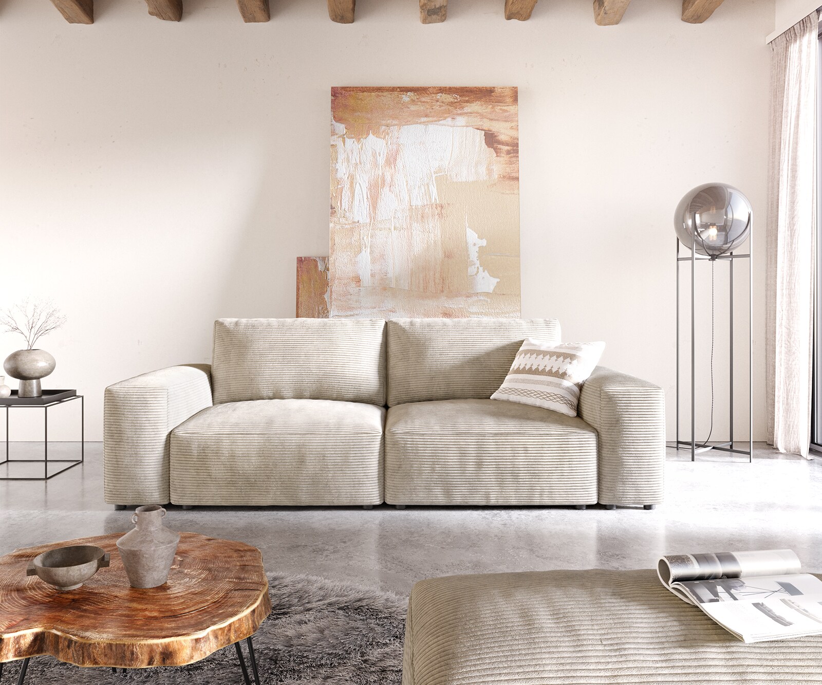 Big-Sofa Lanzo 230x95 cm Cord Beige mit Hocker 1