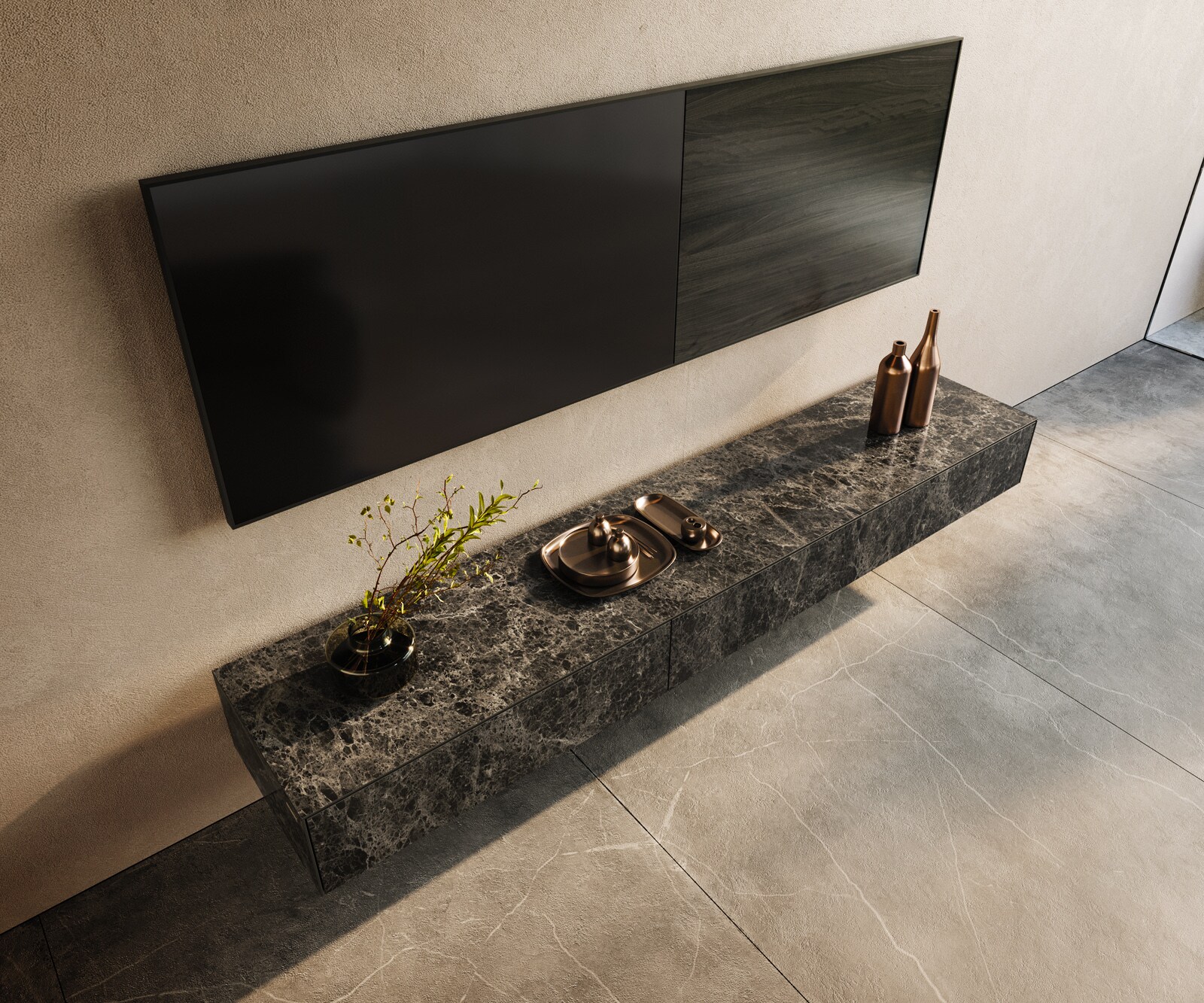Lowboard Cuor 200 cm Keramik Laminam® Emperador Extra Lucidato Dunkelbraun 1 Klappe 1 Schubfach Schwebend 3