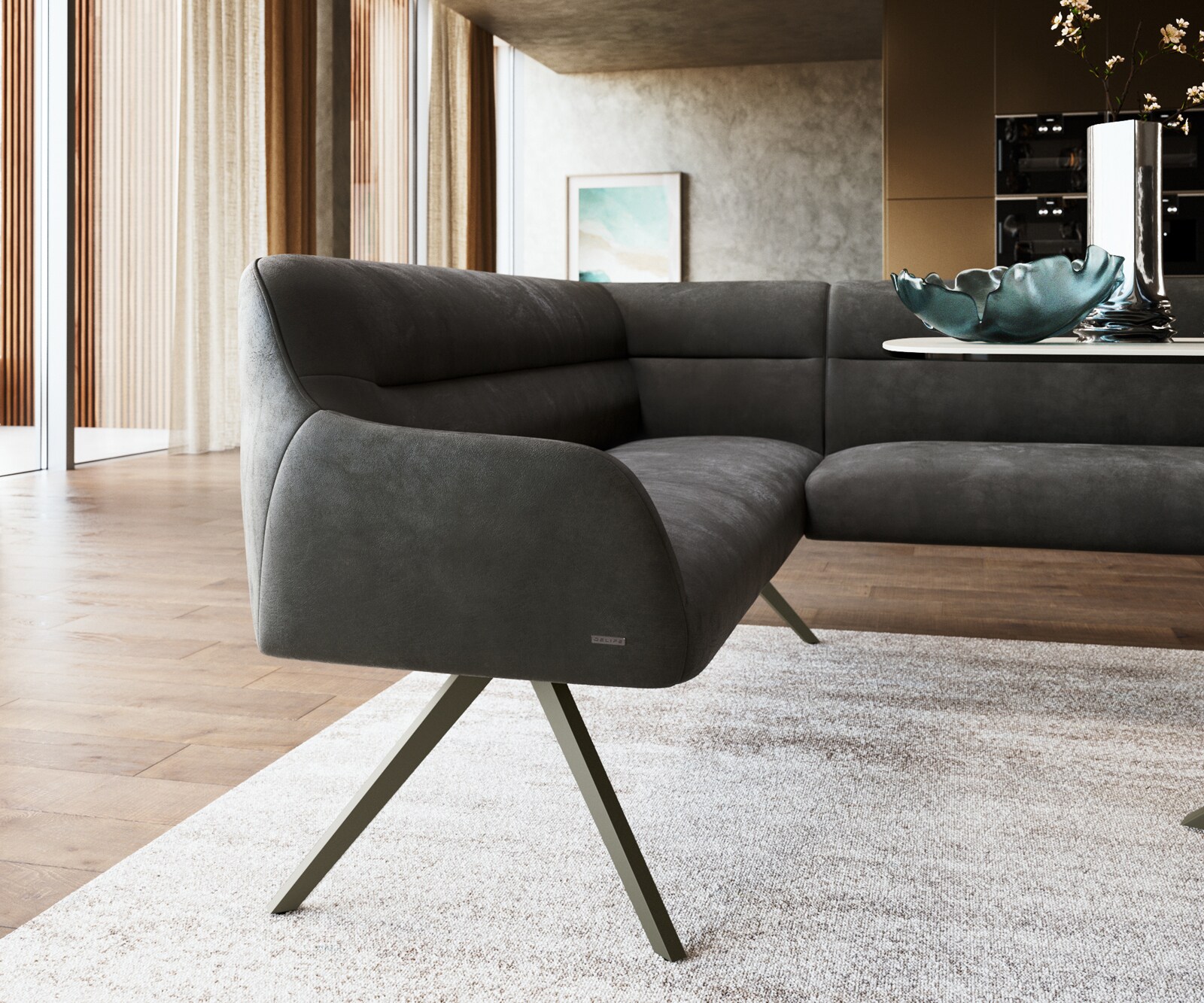 Esszimmerbank Taya-Flex 285x190 cm Mikrofaser Anthrazit Vintage Kreuzgestell kantig Effektfinish Titan Taschenfederkern Rechts 5