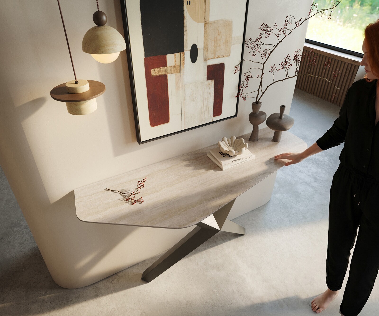 Konsolentisch Edge Polygonal 140x50 cm Keramik Laminam® Travertino Bianco Creme-Weiß Zentharo Metall Effektfinish Titan 1
