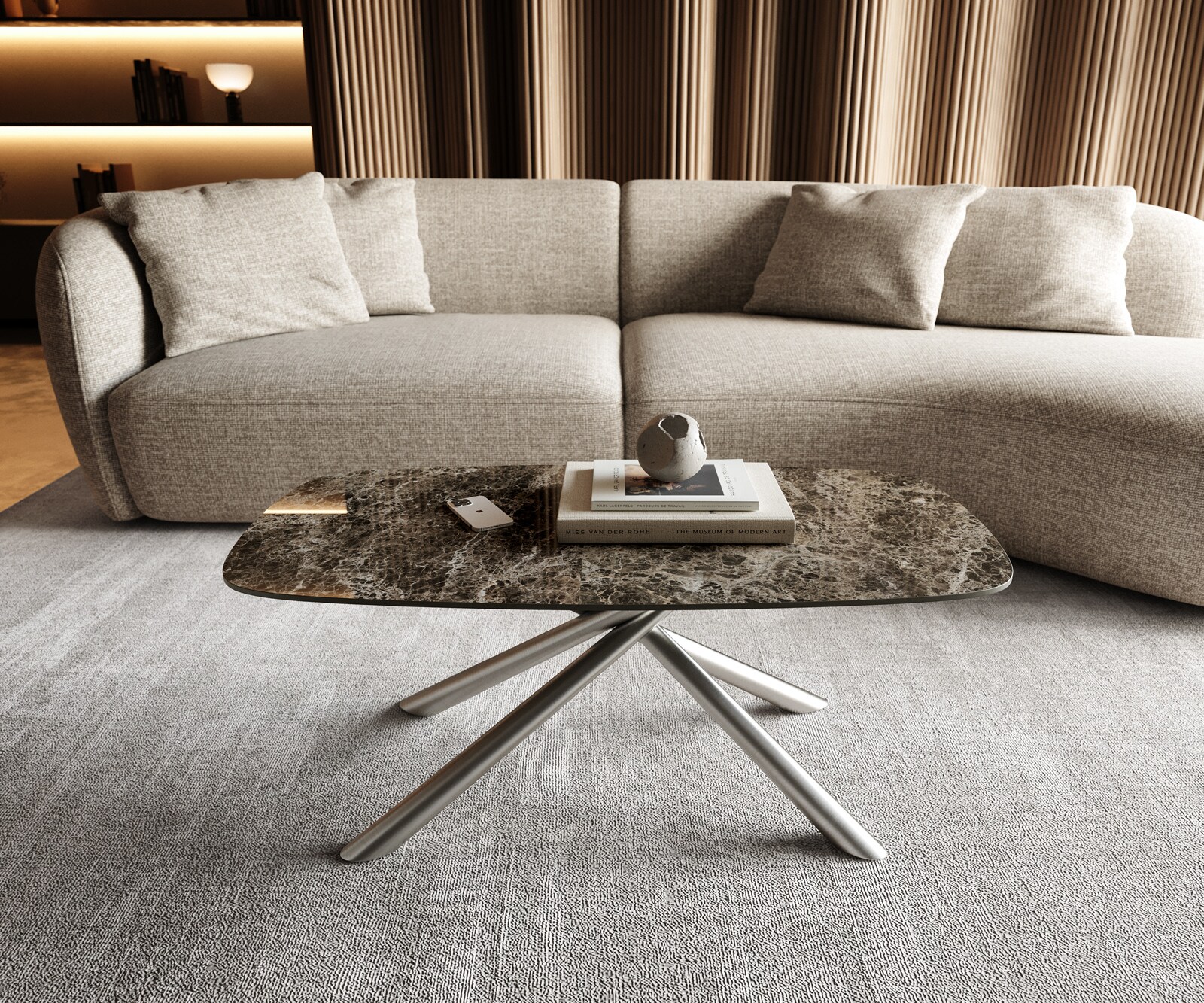 Couchtisch Edge Boot 100x50 cm Keramik Laminam® Emperador Extra Lucidato Dunkelbraun Sarity Edelstahl gebürstet 1