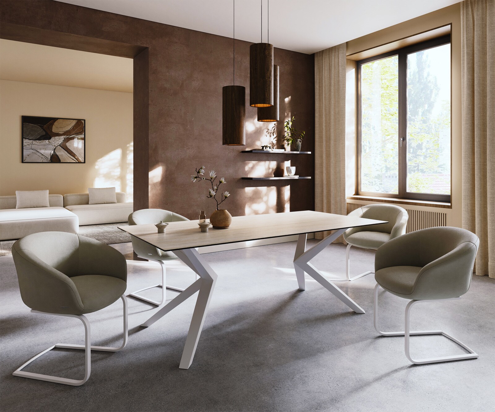 Esstisch Edge 200x100 Keramik Laminam® Travertino Bianco Creme-Weiß Zenthara kantig Metall Weiß 6