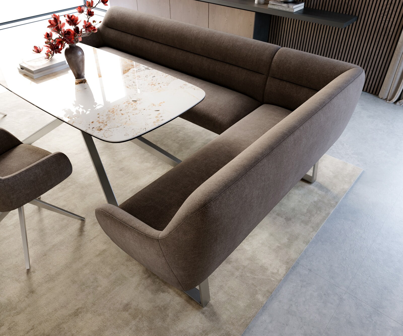 Esszimmerbank Taya-Flex 285x190 cm Strukturstoff Soft Taupe Kufengestell kantig Edelstahl Taschenfederkern Links 4
