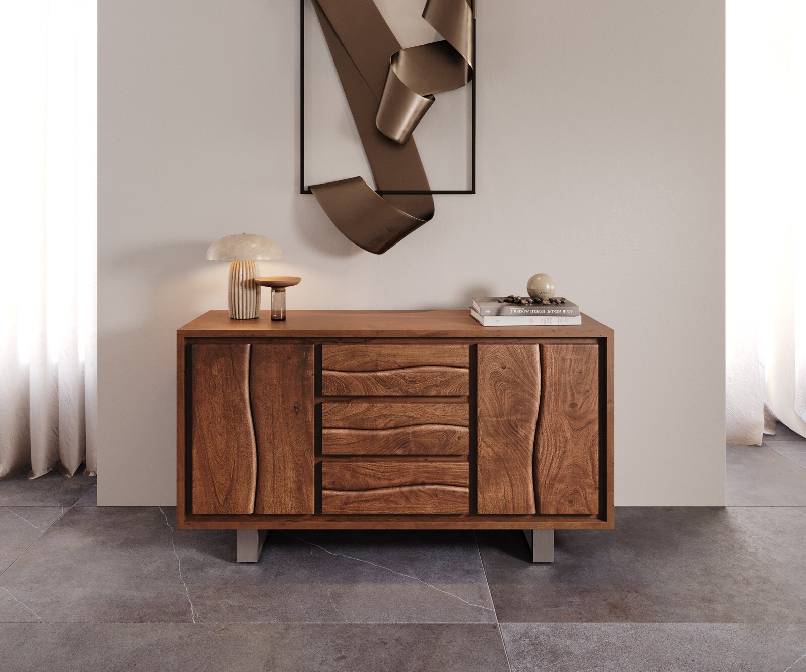 Sideboard Live-Edge 147 cm Akazie Braun 3 Schübe 2 Türen 1