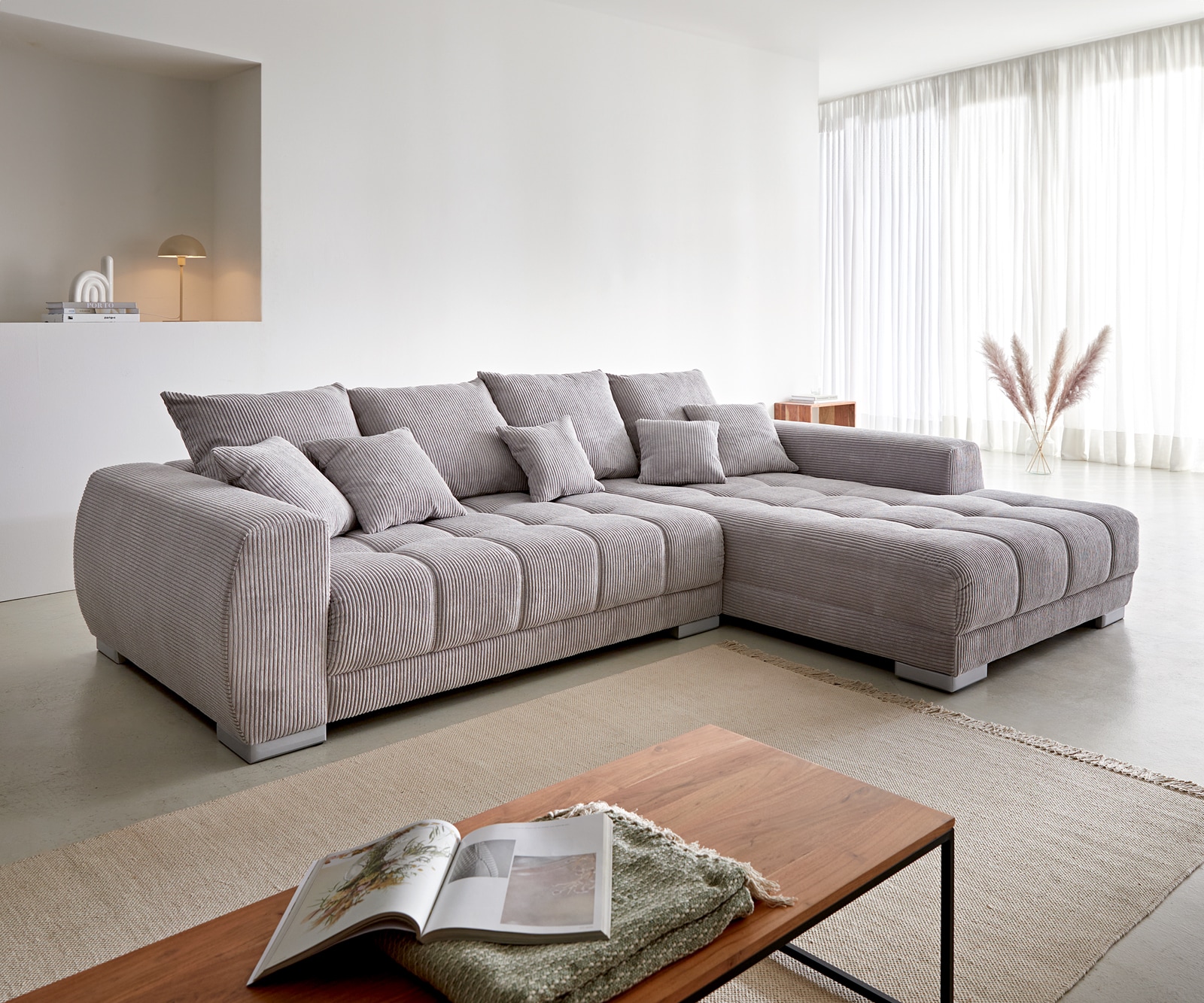 sofa josea cord silbergrau 300x220 cm ottomane rechts ecksofa