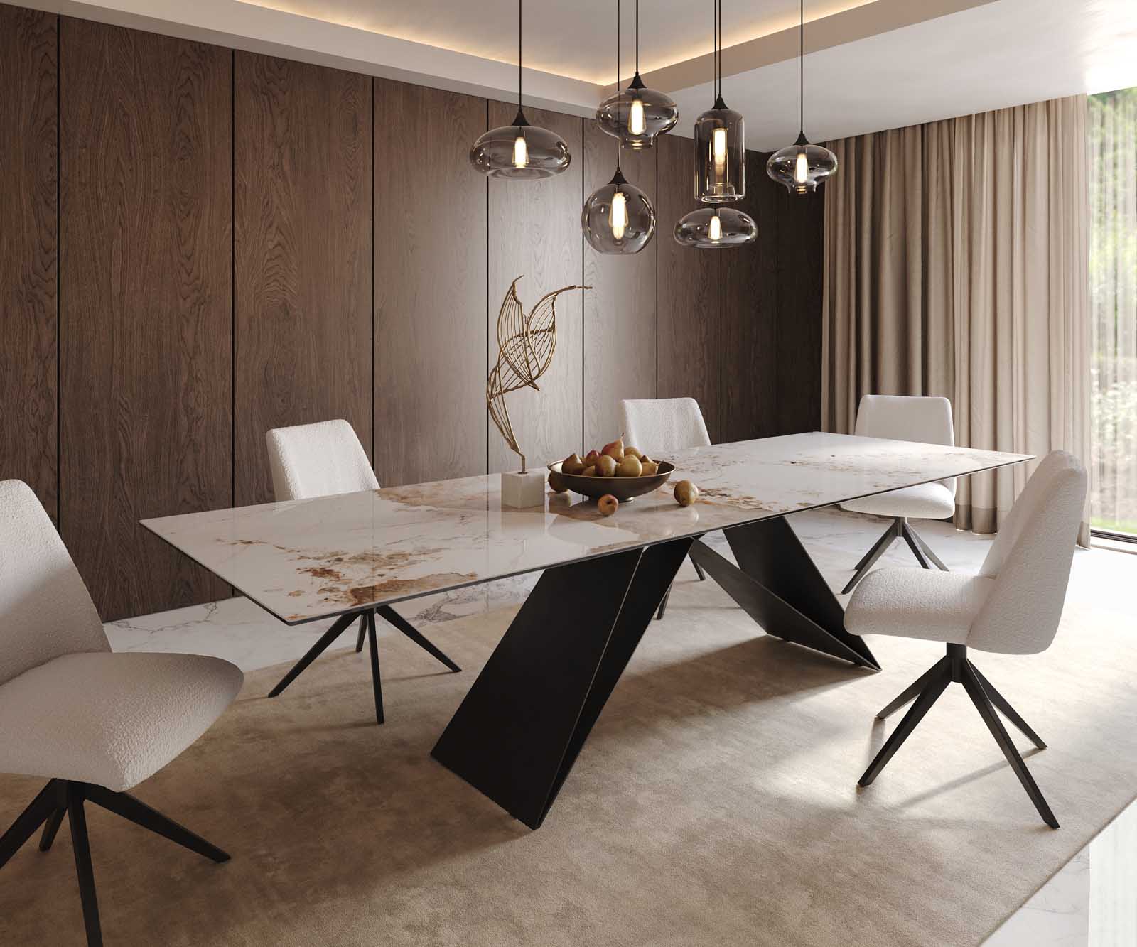 Delife Esstisch Edge 300x100 Keramik Minas Melange Weiß-Beige V-Gestell Flachstahl Schwarz