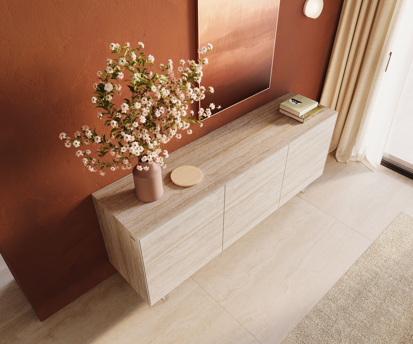 Sideboard Cuor 180 cm Keramik Laminam® Travertino Bianco Creme-Weiß 2 Türen 3 Schubfächer Fuß Schwebeoptik Acrylglas 4